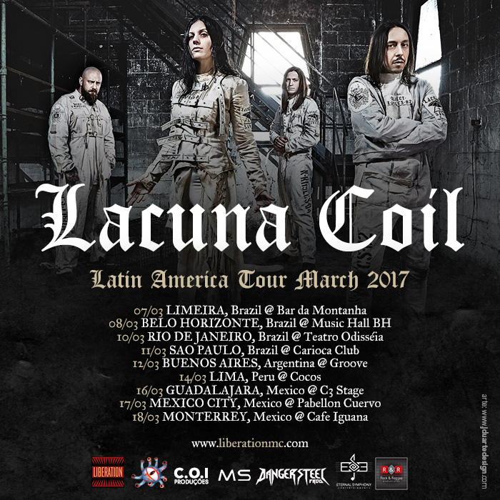 Cartaz com datas de locais dos shows do Lacuna Coil no Brasil, conforme descrito na publicação.